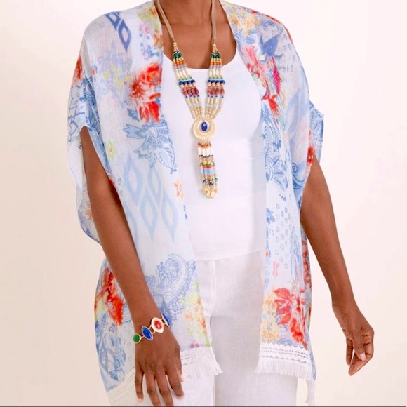 Chico’s NWOT Ikat Paradise Ruana linen fringe kimono coverup top Small/Medium - Picture 7 of 13